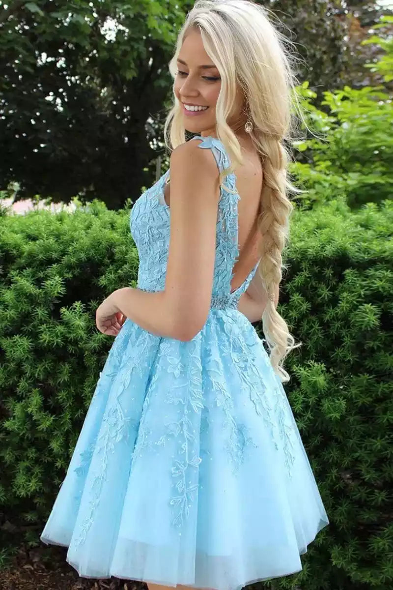 Elegant A-line chiffon short V-neck sleeveless applique tie back Homecoming Dresses